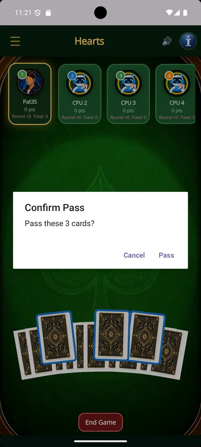 Hearts — Pass three cards