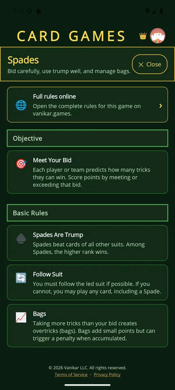 Card Games app — Rules at the table