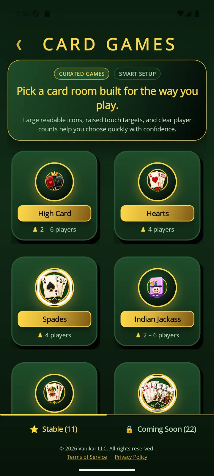 Card Games app — Pick your game