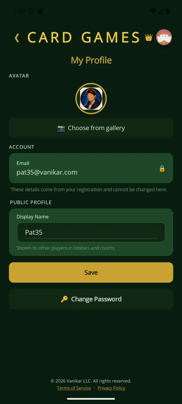 Card Games app — Your profile