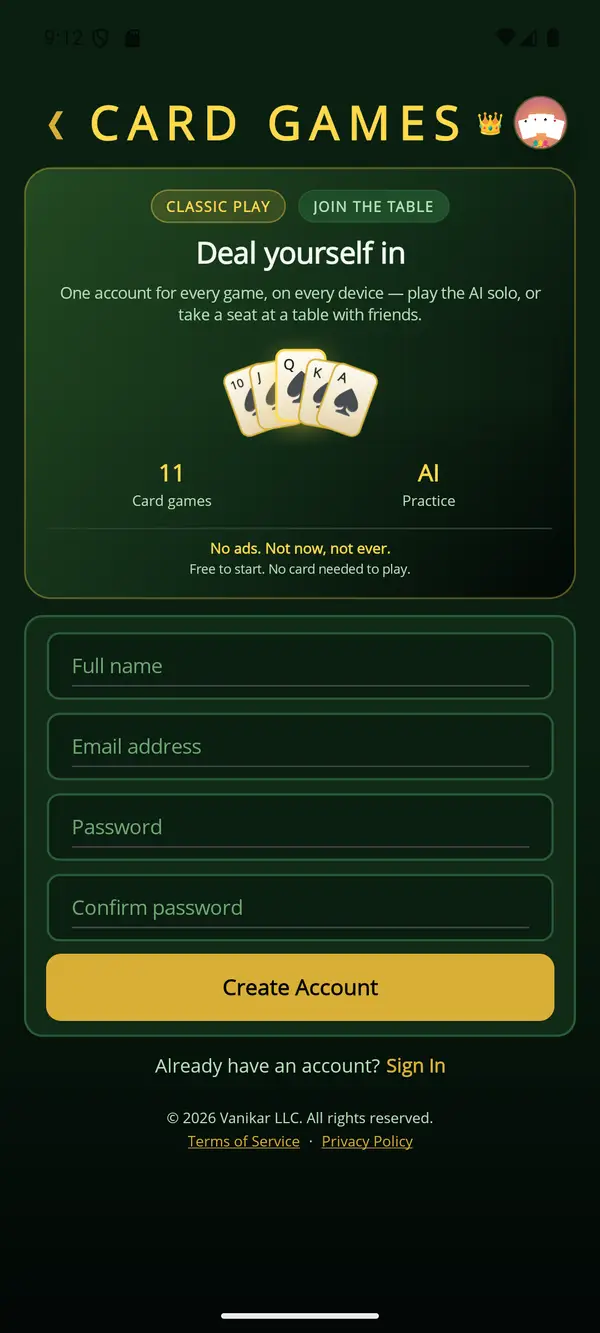 Card Games app — Create an account