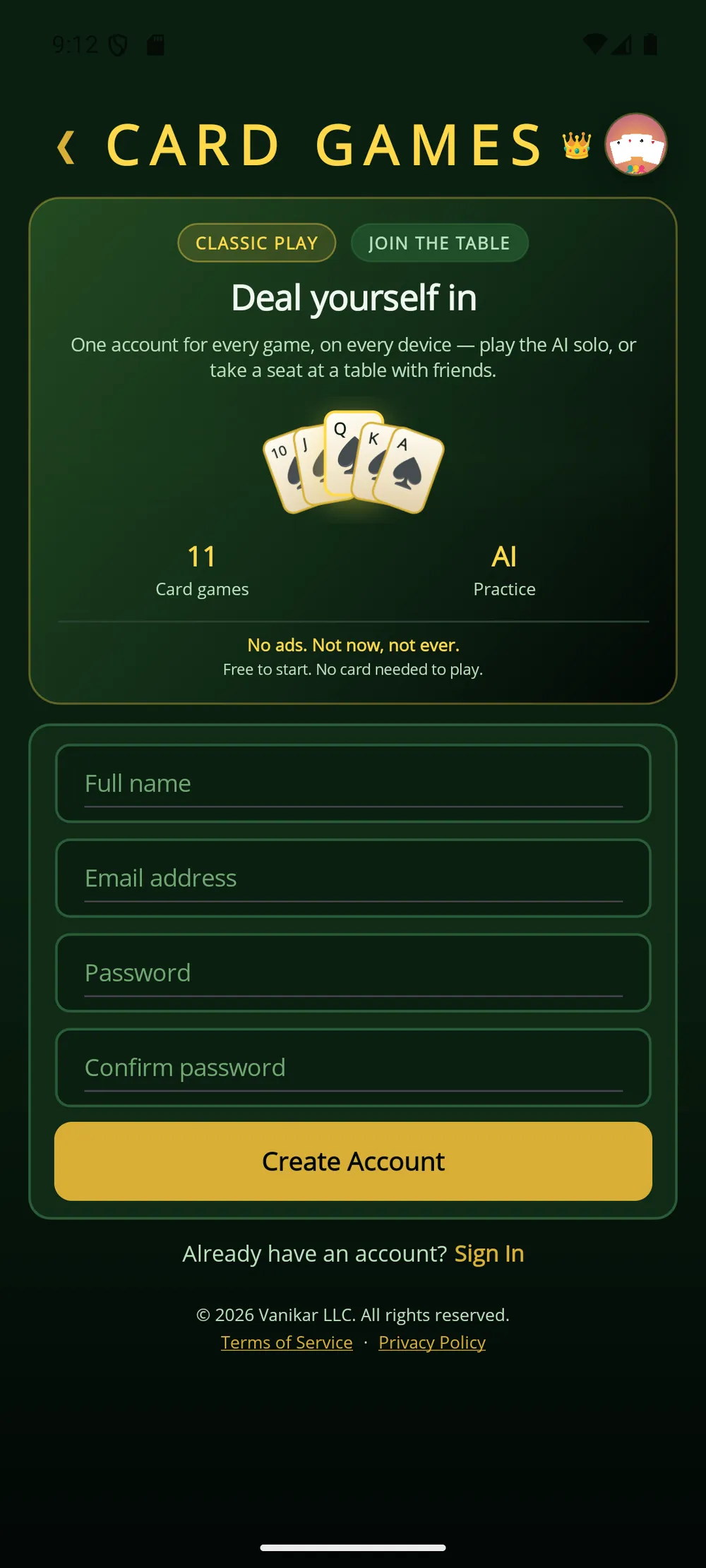 Card Games app — Create an account